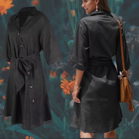 Black Denim Tie Waist Button Down V Neck Dress - Picture 3 of 10